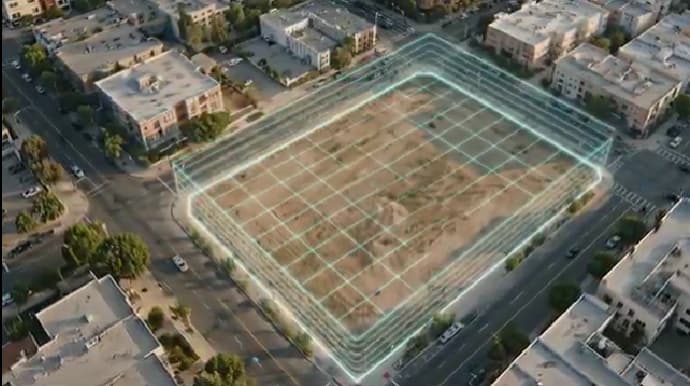 Volumetría 3D del potencial edificable superpuesta sobre el terreno real en CABIDAS