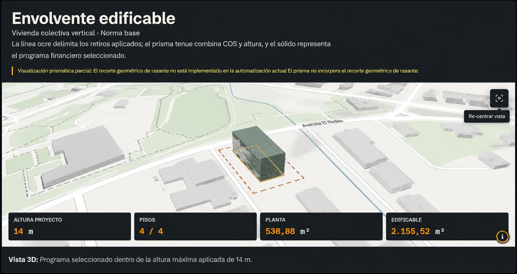 Volumetría 3D del potencial edificable superpuesta sobre el terreno real en CABIDAS